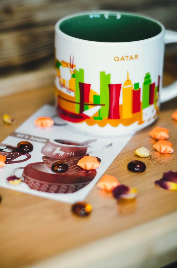 creative-02 Vibrant Qatar-themed mug with a skyline design, perfect for souvenirs or decor.